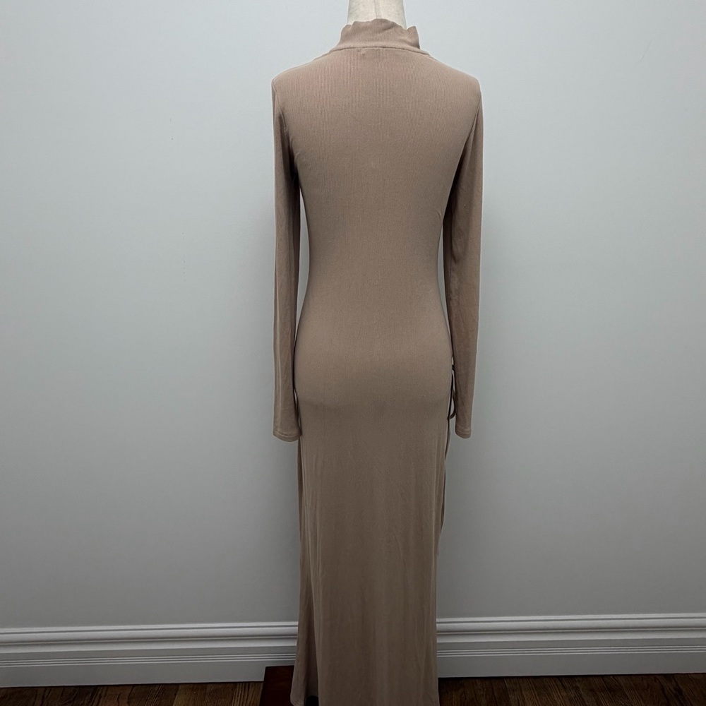 Zahraa The Label Ruched Tie Ribbed Beige Maxi Dress Size Medium - Picture 7 of 14